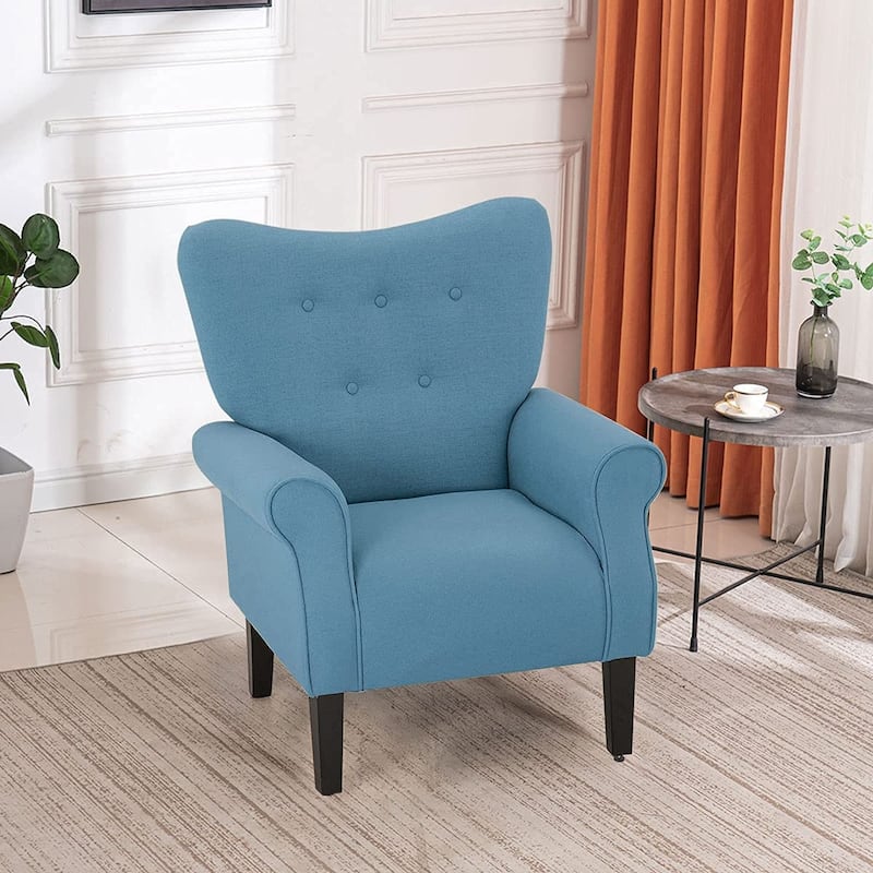 Erommy Wing back Arm Chair, Upholstered Fabric High Back Chair with Wood Legs - Blue