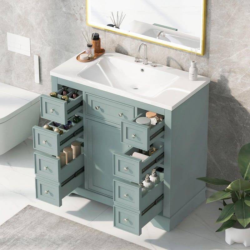 36" Bathroom Vanity with Sink Combo: Cabinet, Six Drawers - with sink - Green