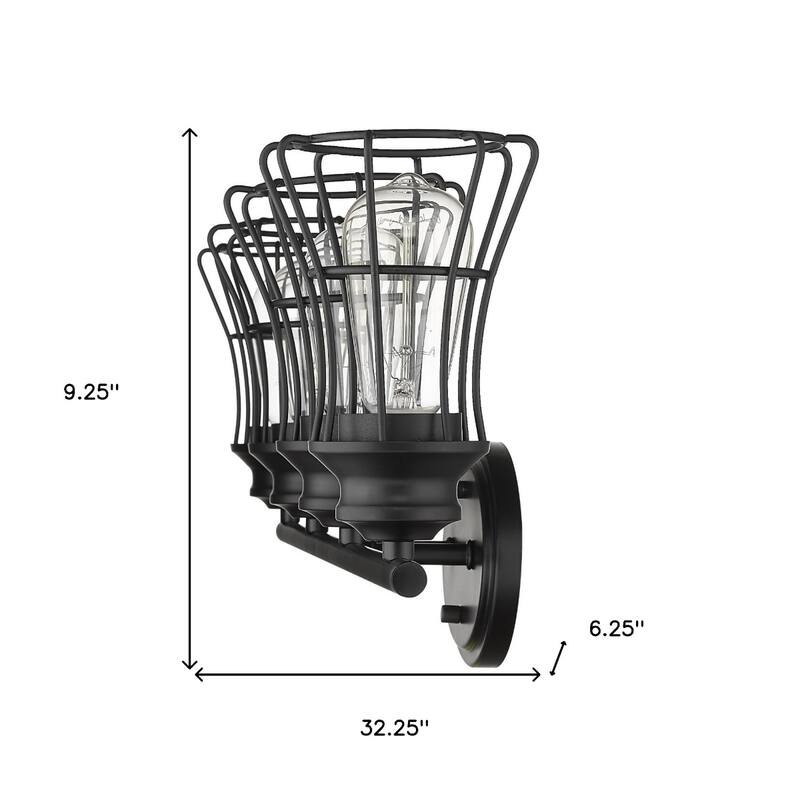 Modern 4-Light Vanity Wall Light in Matte Black with Metal Cage Shades and E26 Base Damp Rated - 9.25"H x 32.25"W x 6.25"D