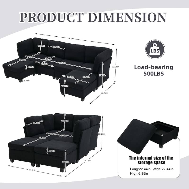 HOMEFUN 6-Seat Polyester Upholstered U-Shaped Modular Storage Sleeper Sectional Sofa with Storage Ottoman