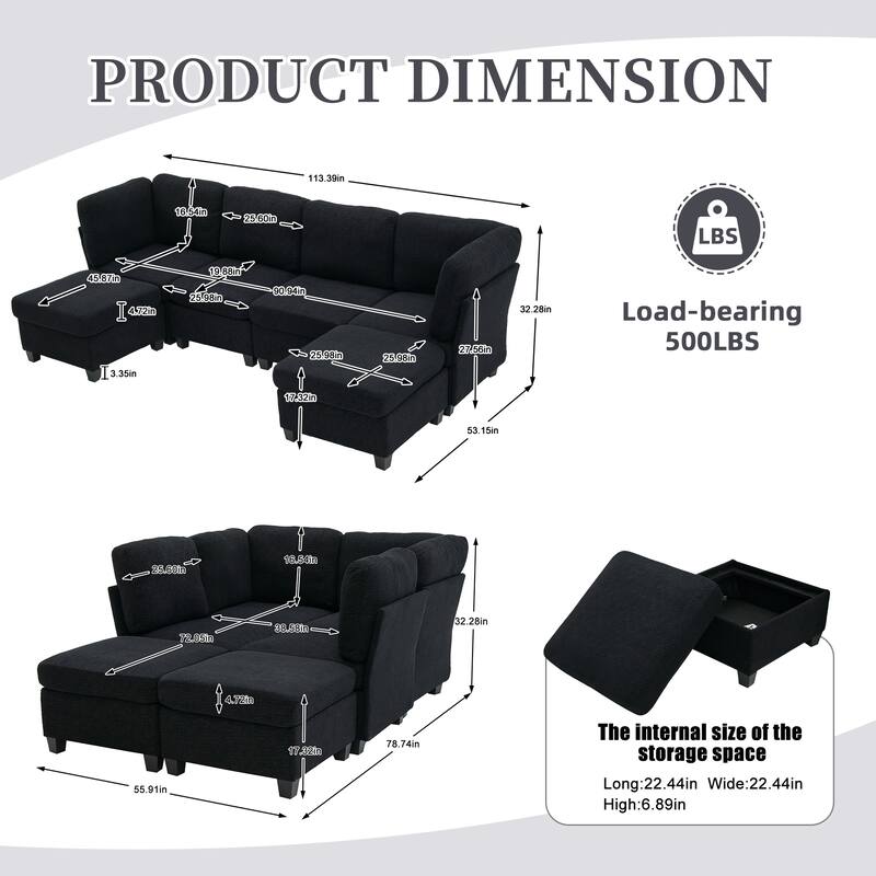 Modular Sleeper Sofa Bed U-shaped Sectional Couches with Hidden Storage Seat and Ottomans, Freely Combinable Chaise Lounge Sofa
