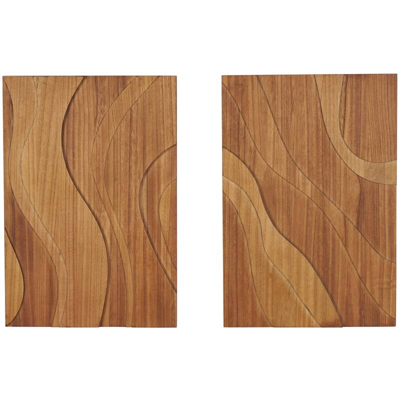 Brown Wooden Wavy Carved Abstract Home Wall Decor (Set of 2)
