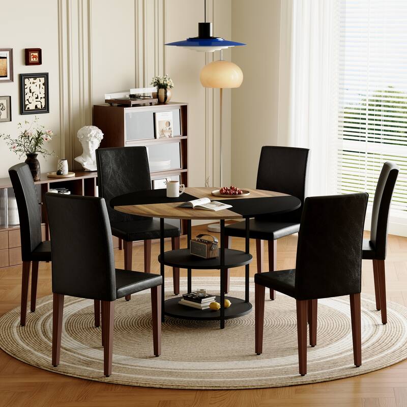Roomfitters 5/7pcs Round Color Spliced Dining Table Set with Double Storage and PU Dining Chairs, Black+Walnut