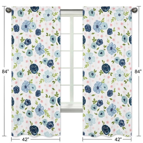 Navy Blue Pink Watercolor Floral 84in Window Treatment Curtain Panel Pair - Blush Green Shabby Chic Flower