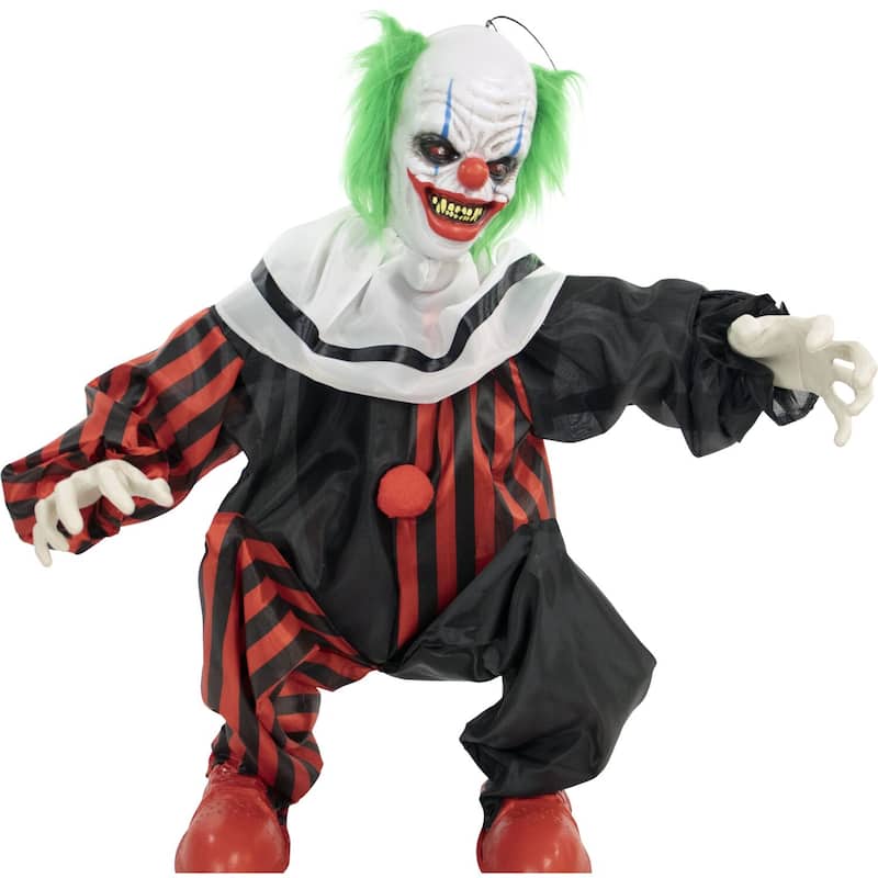 Life-Size Animatronic Crouching Clown with Lights and Sound, Indoor or Covered Outdoor Halloween Decoration