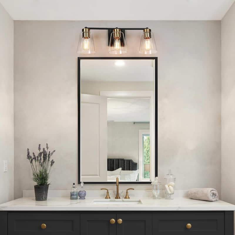 Airielle Black Gold 3-Lights Bathroom Vanity Lights Modern Farmhouse Wall Lamps with Cylinder Glass Shade