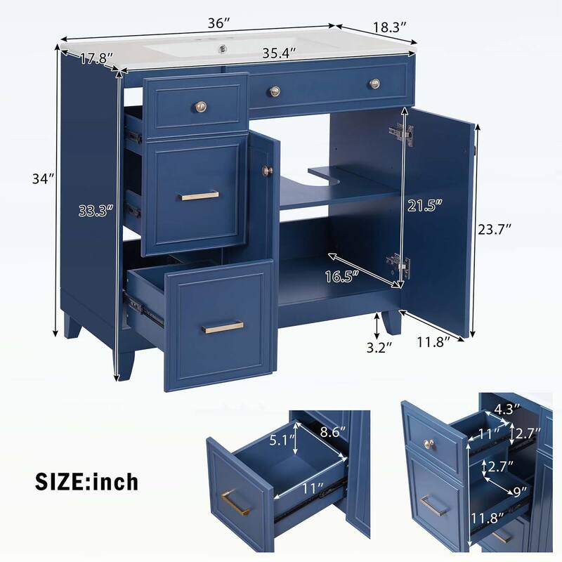 Stylish and Functional Bathroom Vanity with Ceramic Sink,Soft Close Doors,and Double-Layer Drawers for Modern Storage