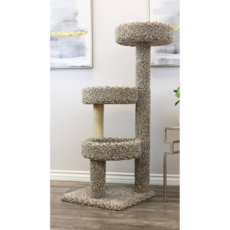 50" Carpeted Solid Wood Cat Tree Tower with Round Plush Beds and Sisal Scratching Posts