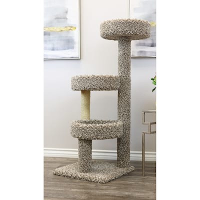 50" Carpeted Solid Wood Cat Tree Tower with Round Plush Beds and Sisal Scratching Posts