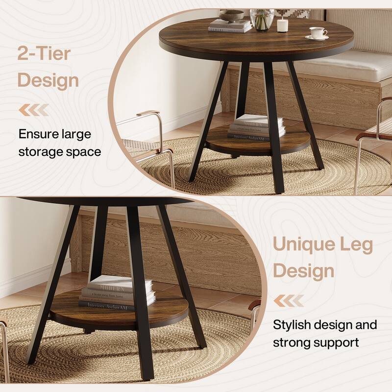 2 Tier Small Round Dining Table for 2-4 People, Industrial Kitchen Dinner Table with Sturdy Metal Leg - Brown + Black