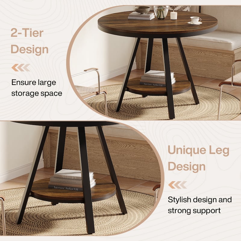 35'' Round Kitchen Dining Table for 2-4 People, Sturdy Metal Leg