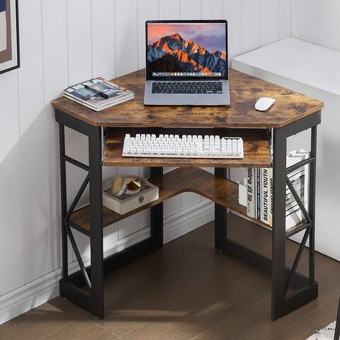 Corner Computer Desk Triangle Laptop Writing Table with Keyboard Tray, Wood Home Office Workstation