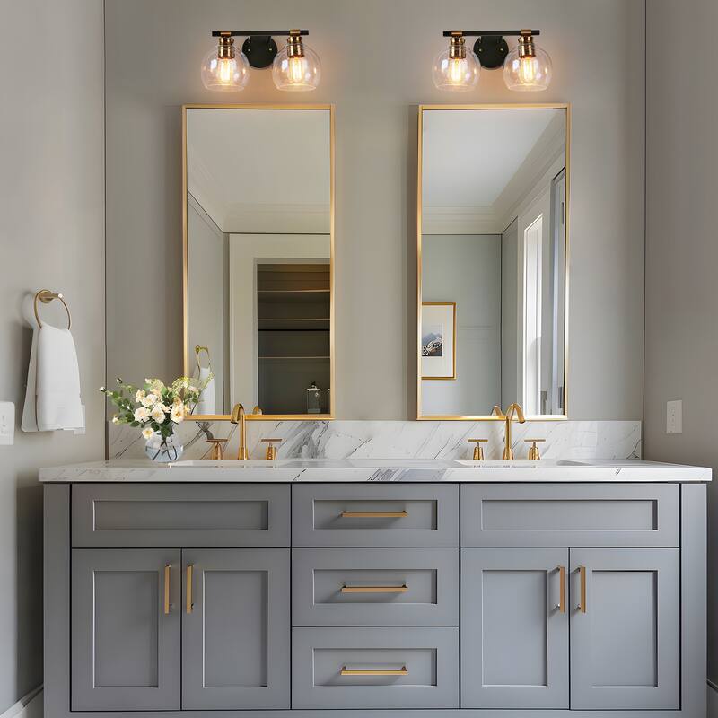 Modern 2/3-Light Black Gold Bathroom Vanity Light Dimmable Globe Seeded Glass Wall Sconces