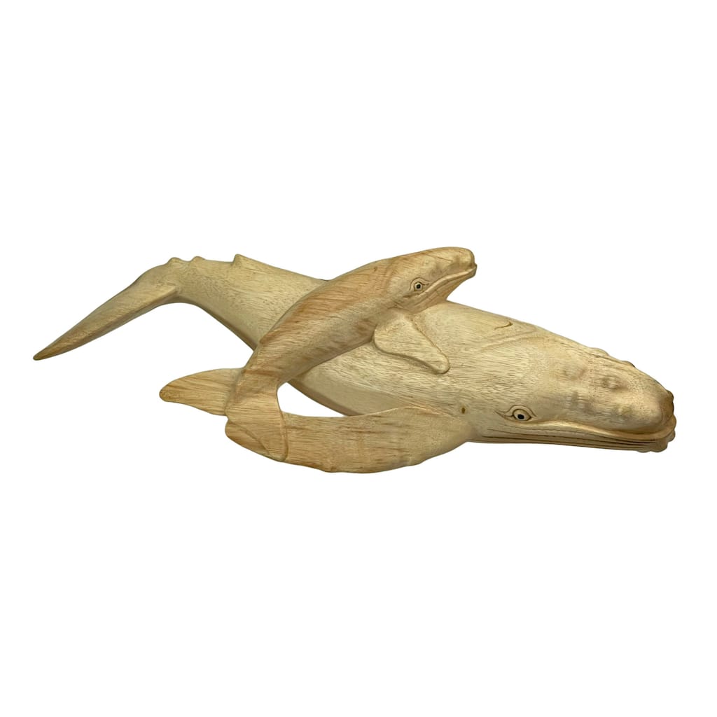 Carved Teak Wood Humpback Whale And Baby Tabletop Statue 20 Inch - 5.75 X 20 X 7.25 inches