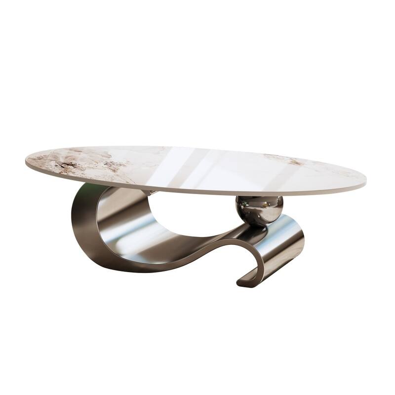 Modern Oval Faux Marble Coffee Table with Curved Stainless Steel Base