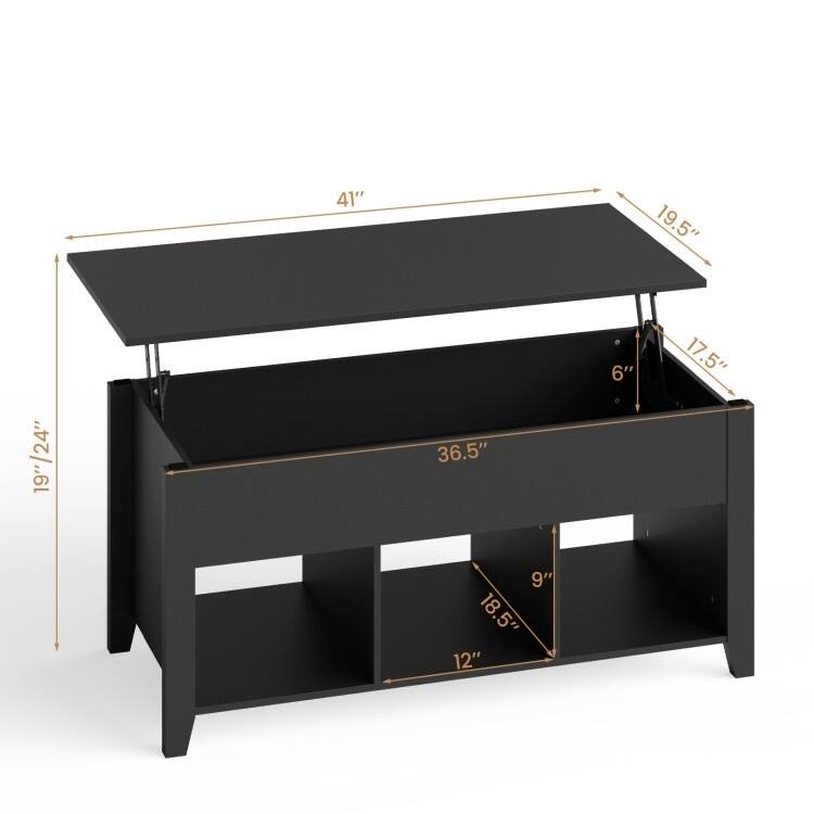 Modern Wood Lift Top Coffee Table with 3 Open Storage Shelves and Iron Legs for Daily Use