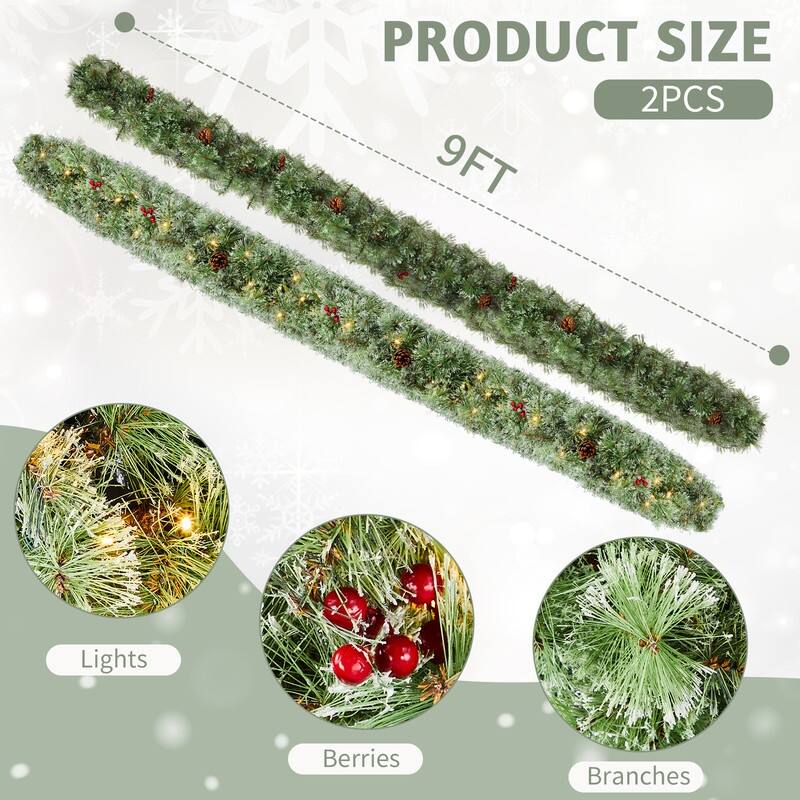 2 Pack 9FT Lighted Artificial Xmas Garland with 200 Warm Lights and 440 Tips and Red Berries