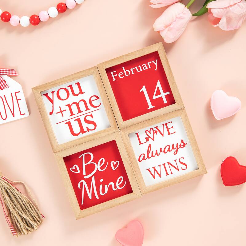 Glitzhome 4"H Set of 4 Valentine's Wooden Block Table Decor