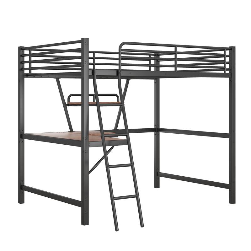 Full Size High Loft Bed with Desk & Shelf for Kids, Teens, Adults, Metal Bedframe with Ladder & Guardrail, No Box Spring Needed