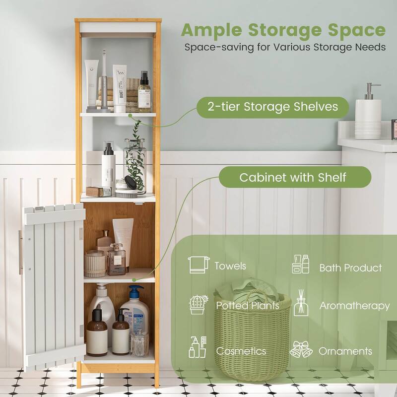 Gymax Tall Bathroom Floor Cabinet Bamboo Bathroom Storage w/Adjustable