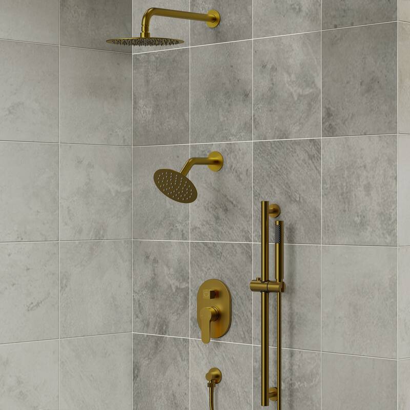 Shower System Dual Shower Heads 10 & 6 in Rainfall High Pressure Shower Faucet Set with Slide Bar Handheld Spray - Brushed Gold