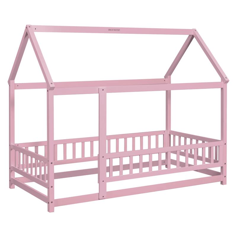 Twin Size Wooden Floor Bed with House Roof Frame and Fence Guardrails for Children's Bedrooms, Small Space