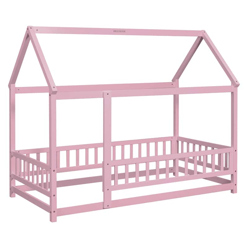 Twin Size Wooden Floor Bed with House Roof Frame and Guardrails