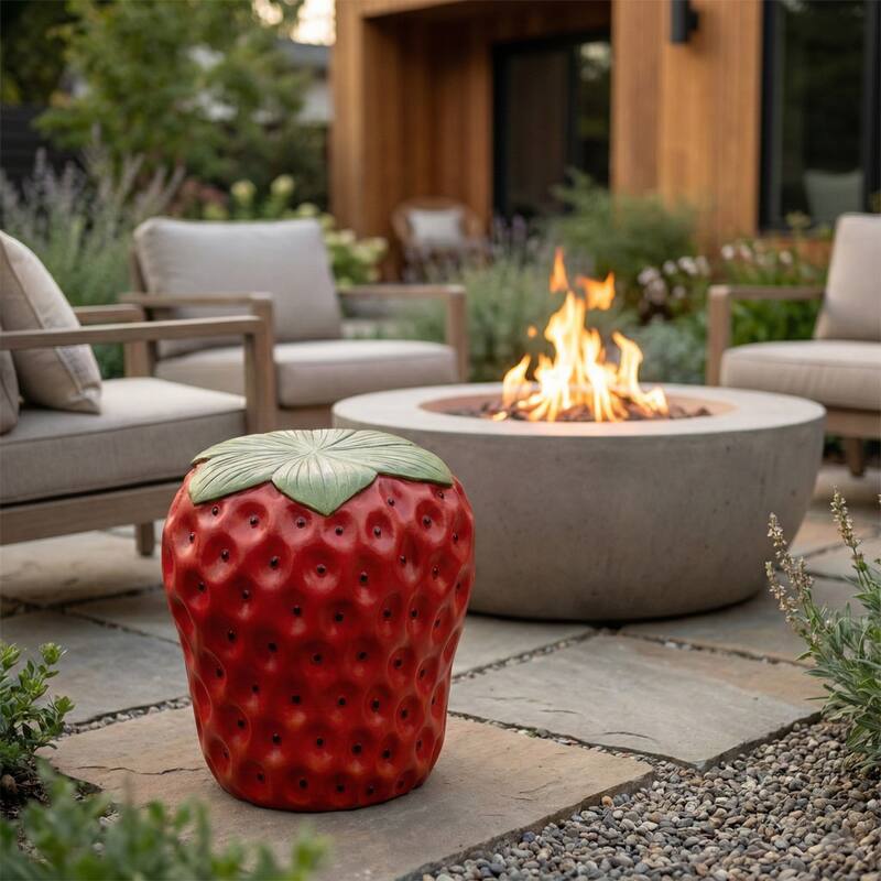 Resin Strawberry Garden Stool Outdoor Chair - Red, 17" - 17.0" - Resin - Red/ Green