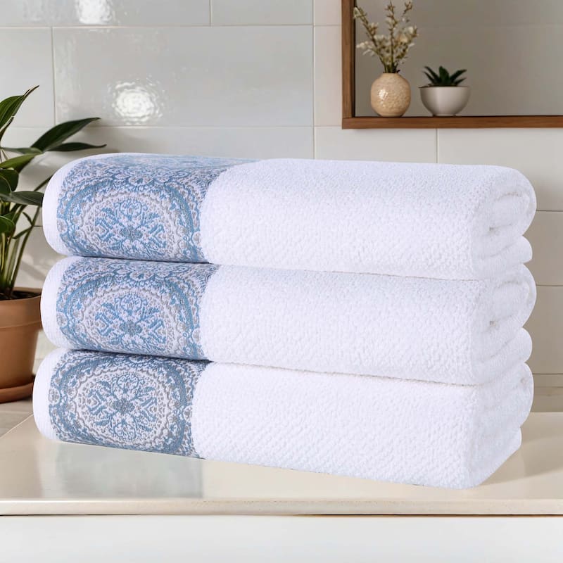 Superior Medallion Cotton Jacquard Textured Soft Bath Towel Set of 3 - White-Navy Blue