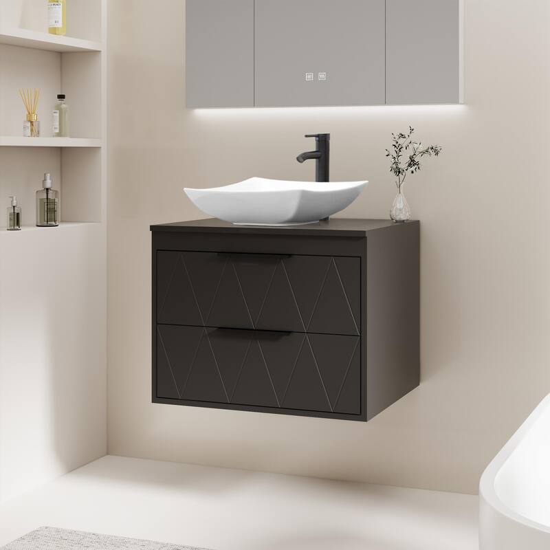 Modern Wall Mounted Bathroom Vanity Set with Vessel Sink & Faucet - black-24 in - 24-2 Ceramic curved sink