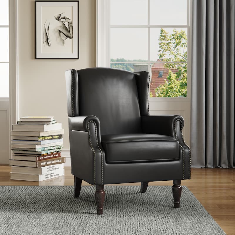 Upholstered Accent Chair Nailhead Trim Arm Chair - Black Leather