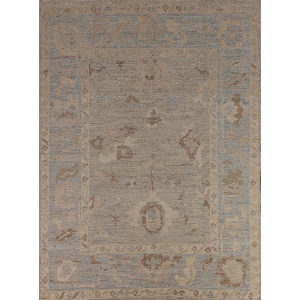 Transitional Oushak Turkish Area Rug Handmade Beige Wool Carpet - 8'3"x 9'9"