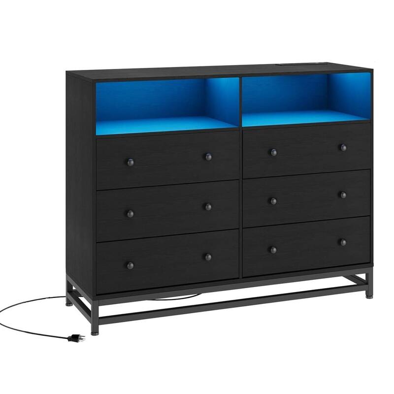 6 Drawer Dresser with LED Lights, Charging Station - Black
