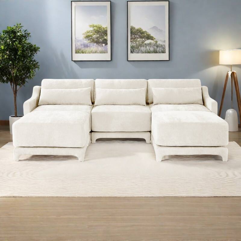 105.9" Chenille 3-Seater Sofa with 2 Movable Ottomans, Lumbar Pillow, High-Resilience Sponge and Wooden Base - Beige
