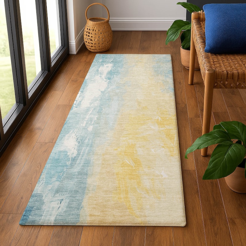 Premium Washable Super Soft Modern Watercolor Mayfield Rug - 2'3" x 7'6" - Teal
