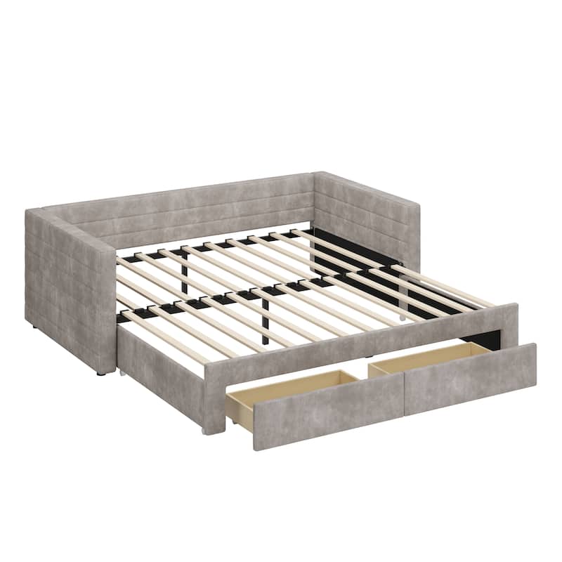 Tufted Upholstered Daybed with Pull-Out Expansion & 2 Hidden Drawers by Harper&Bright Designs