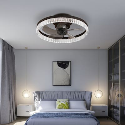 20" Brown Ceiling Fan with LED Light - Modern Flush Mount Fan Light for Bedroom, Living Room