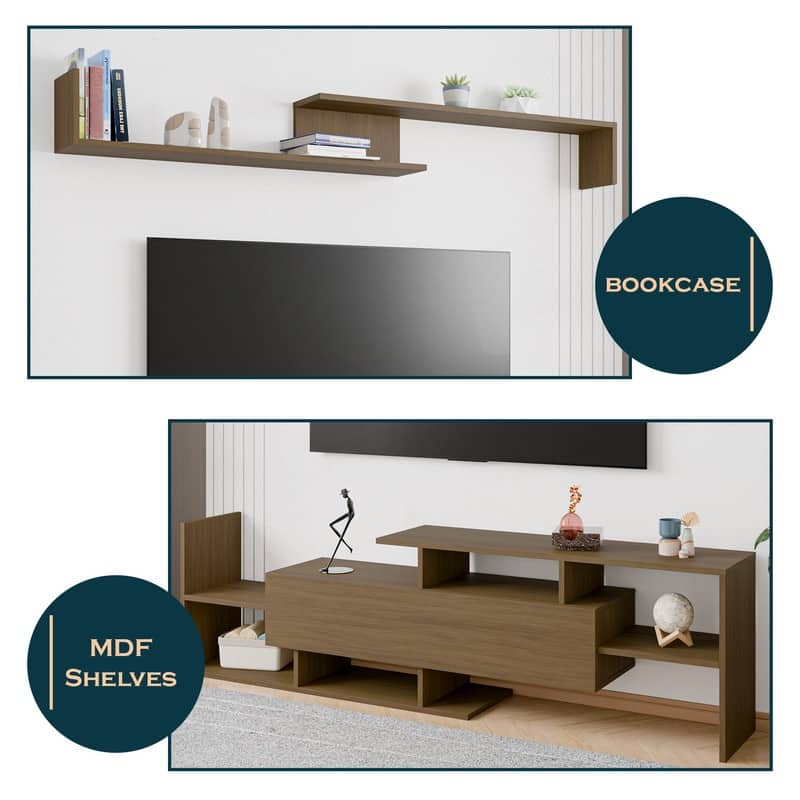 Surrey Multi-functional 60-Inch Modern Wood TV Console with Drawer, Book Case and Open Shelves in Stained Wood Finish