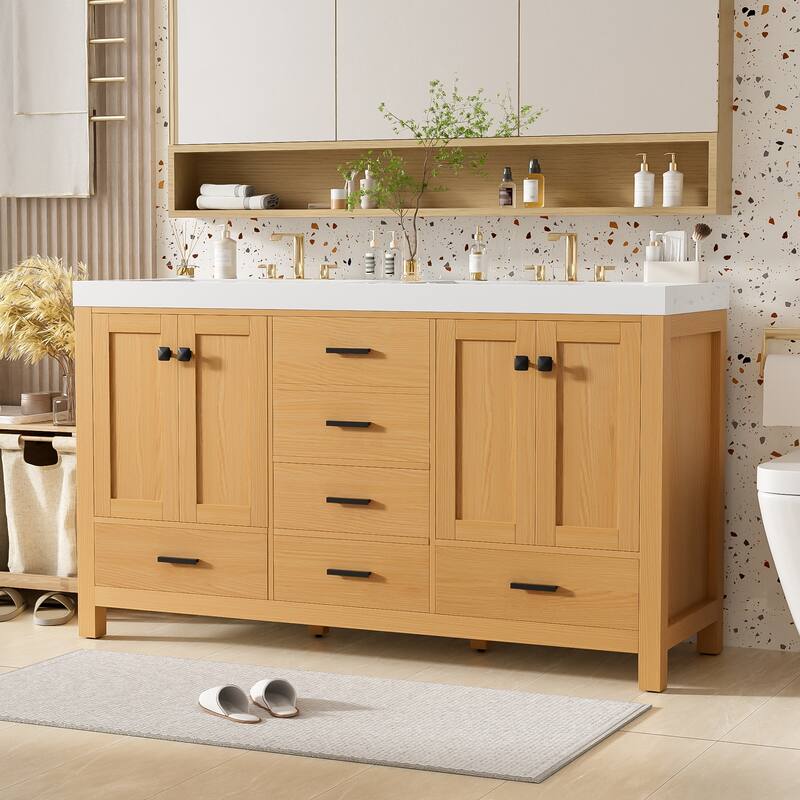 59.3" Double Sink Bathroom Vanity, Solid Wood Frame Vanity Cabinet, Double SMC Resin Sink - 59.3 Inch