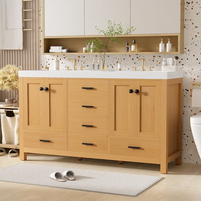 GDFStudio - Willow Transitional Freestanding Bathroom Vanity Cabinet with Double Sink, Soft Close Storages & Adjustable Shelves - 59.3" - Wood