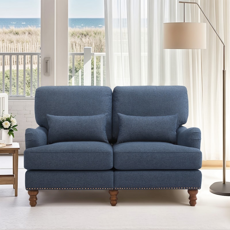 Modern 56''W 2-Seater Sofa Comfortable Solid Wood Couch with Pillows for Living Room - Blue