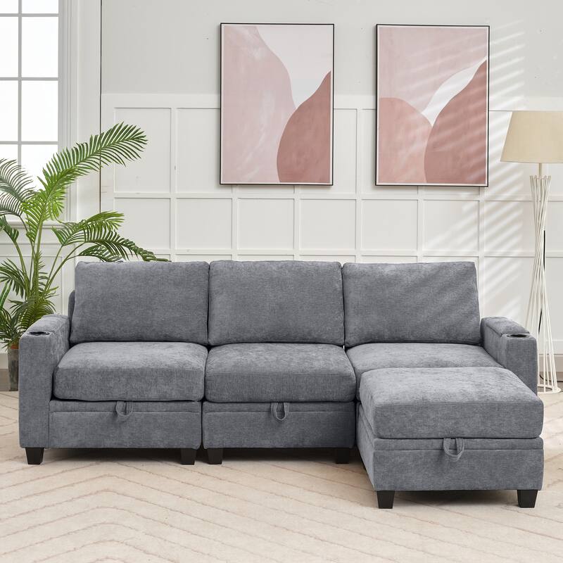 Chenille Sectional Sofa, Hidden Storage & Modular Design