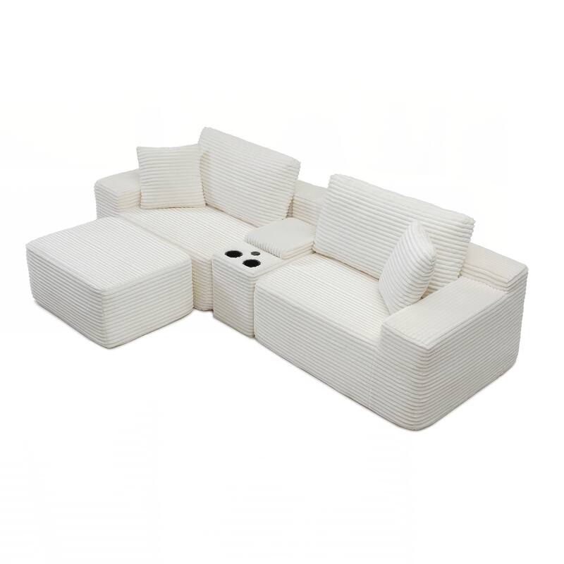 Modular Sectional Sofa, Deep Seat Corduroy Cloud Couch with Cup Holders, USB Ports & Storage Box