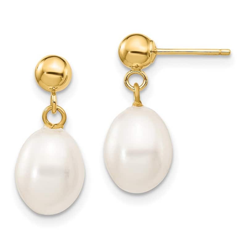 Curata 14k Yellow Gold 7-7.5mm White Freshwater Cultured Pearl Dangle Earrings 17x7.5mm