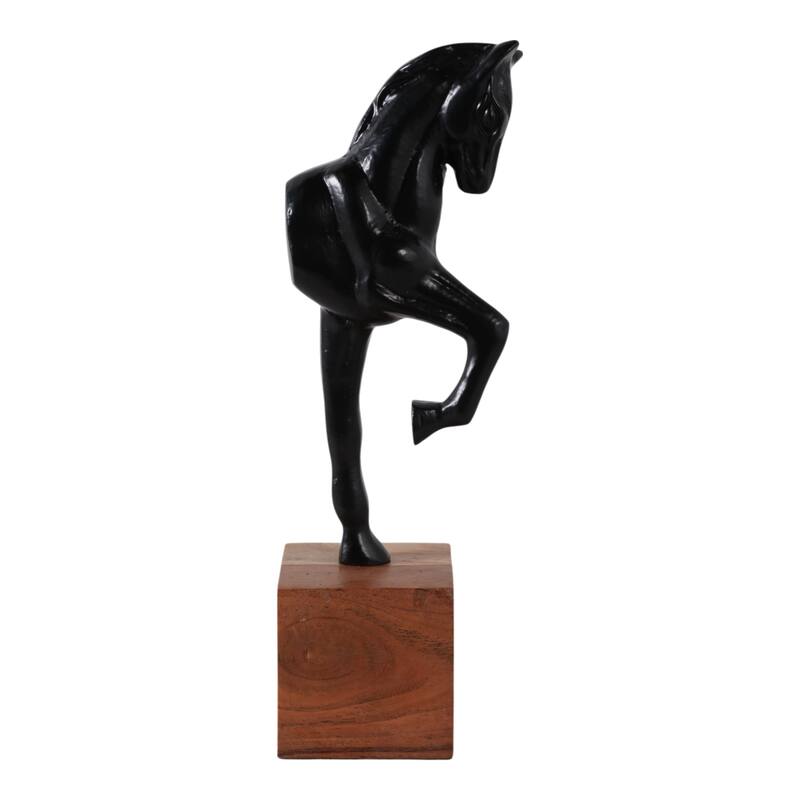 Horse Figurine Sculpture on Wooden Stand Base - 12", Black & Brown - 12.0"
