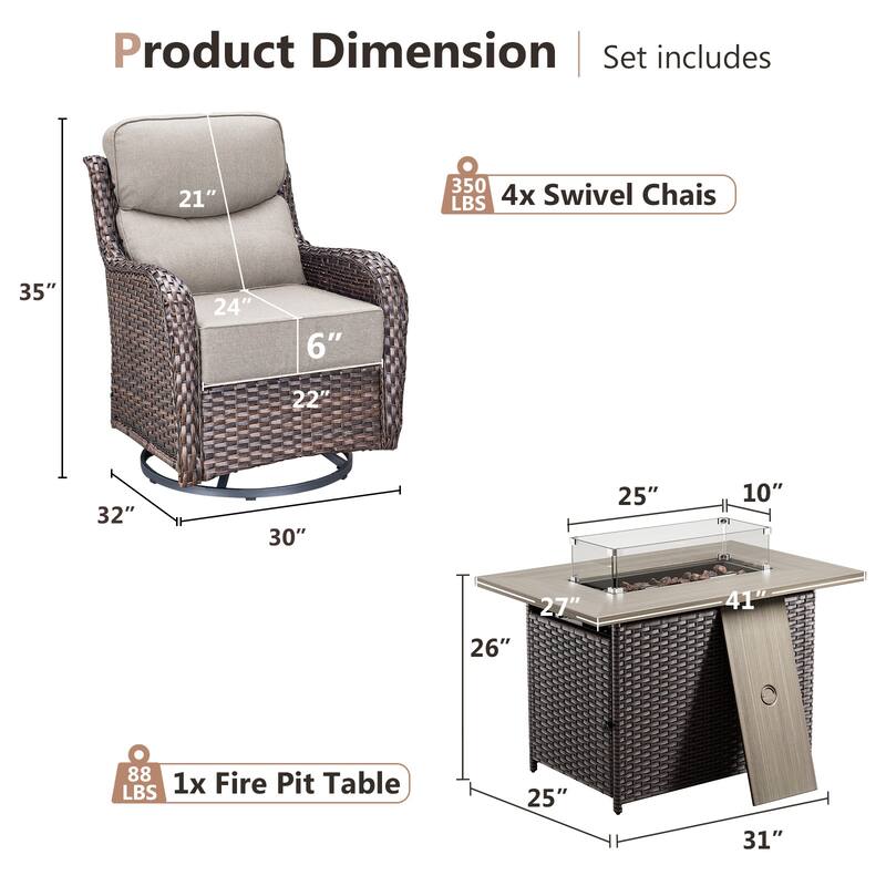 Pocassy 5 Pieces Outdoor 6 Inch Swivel Chair with Fire Pit Table