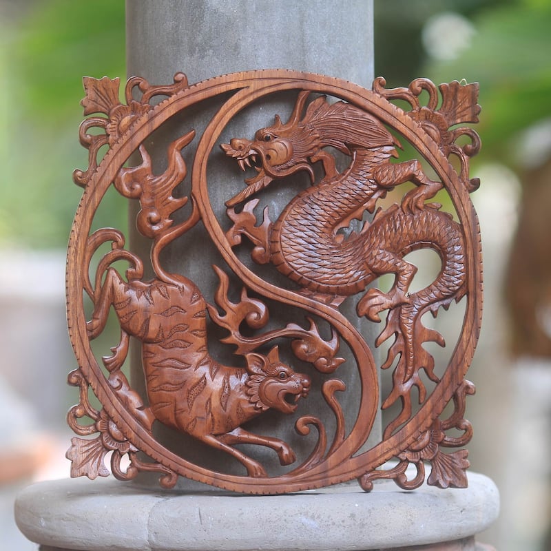 Novica Handmade Tiger And Dragon Wood Wall Relief