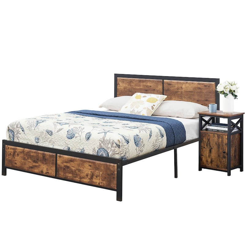 Taomika Industrial 3-pieces Bed with Wood Headboard and Nightstand Set - Brown - Queen