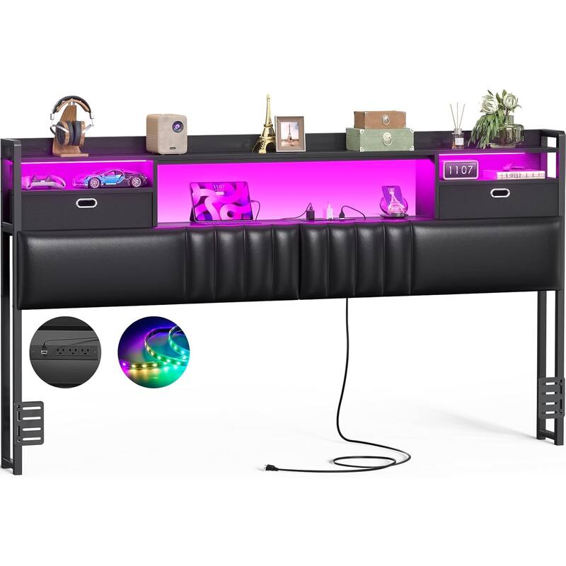 Upholstered Headboard with Drawer Storage and RGB LED Light, Sturdy Headboard with Charging Station ＆ Bookcase