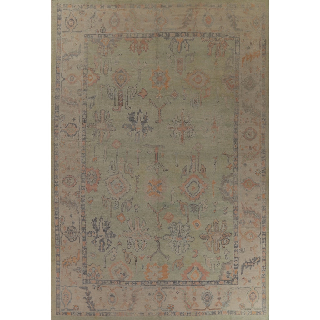Hand Knotted Oriental 100% Wool Carpet Transitional All-Over Green Oushak Area Rug - 13' 9'' X 10' 4''